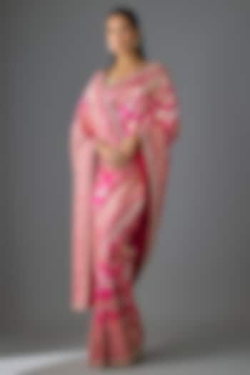 Hot Pink Banarasi Silk Hand Embroidered Bridal Saree Set by Anushree Reddy at Pernia's Pop Up Shop
