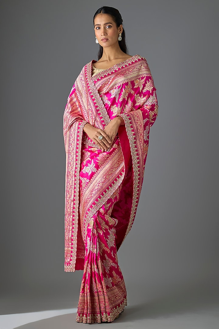 Hot Pink Banarasi Silk Hand Embroidered Bridal Saree Set by Anushree Reddy at Pernia's Pop Up Shop