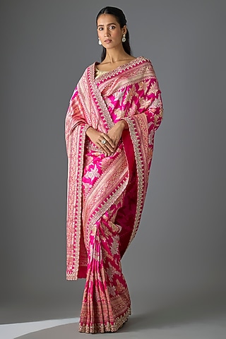 Hot Pink Banarasi Silk Hand Embroidered Saree Set by Anushree Reddy