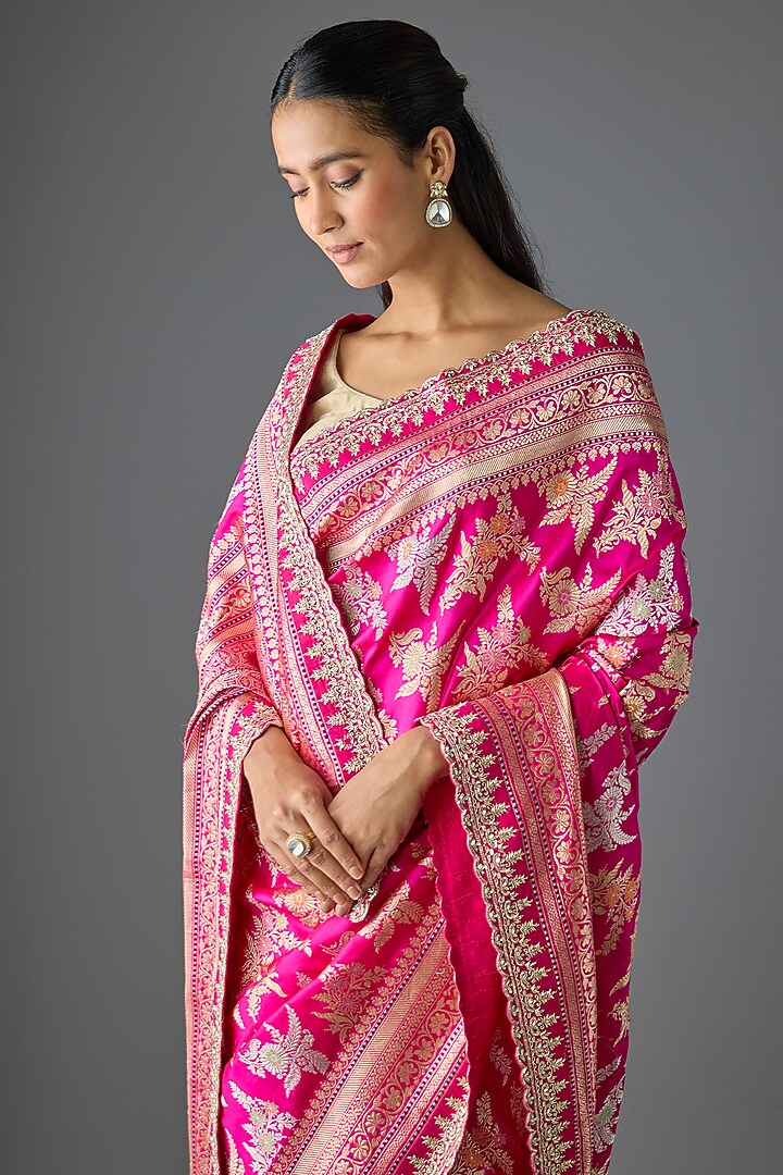 Hot Pink Banarasi Silk Hand Embroidered Bridal Saree Set by Anushree Reddy at Pernia's Pop Up Shop