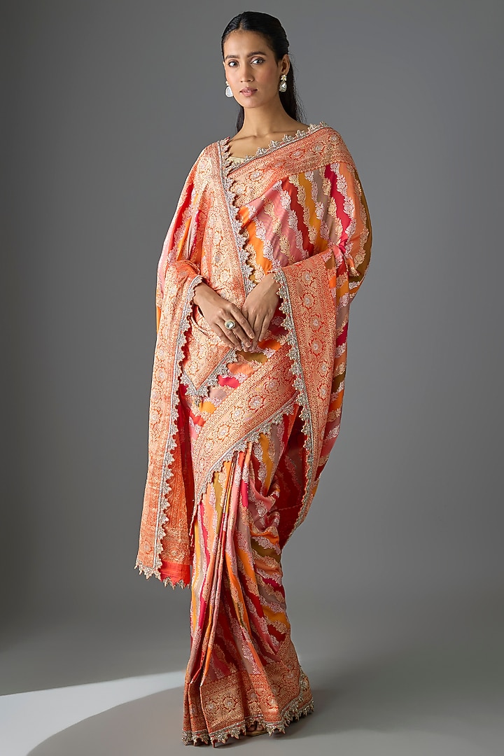 Multi-Colored Banarasi Silk Hand Embroidered Bridal Saree Set by Anushree Reddy at Pernia's Pop Up Shop