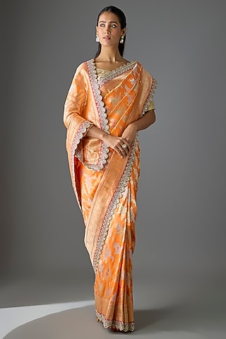 Orange Banarasi Silk Hand Embroidered Saree Set by Anushree Reddy