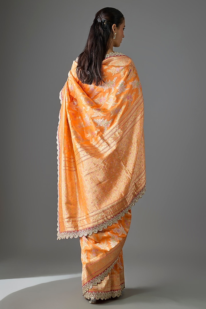 Orange Banarasi Silk Hand Embroidered Bridal Saree Set by Anushree Reddy at Pernia's Pop Up Shop