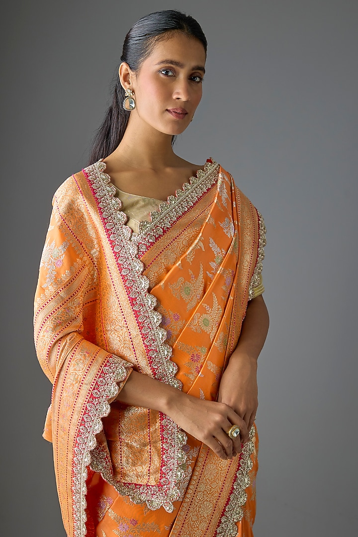 Orange Banarasi Silk Hand Embroidered Bridal Saree Set by Anushree Reddy at Pernia's Pop Up Shop