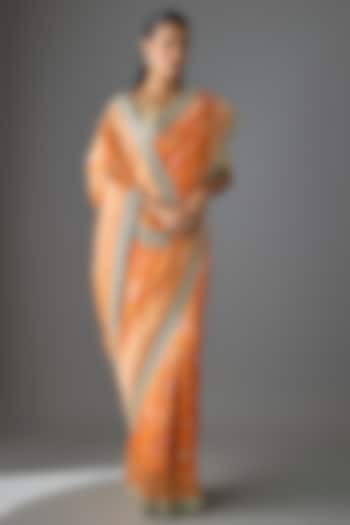 Orange Banarasi Silk Hand Embroidered Bridal Saree Set by Anushree Reddy at Pernia's Pop Up Shop