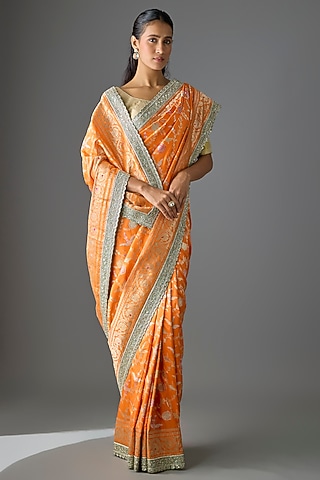Orange Banarasi Silk Hand Embroidered Saree Set by Anushree Reddy