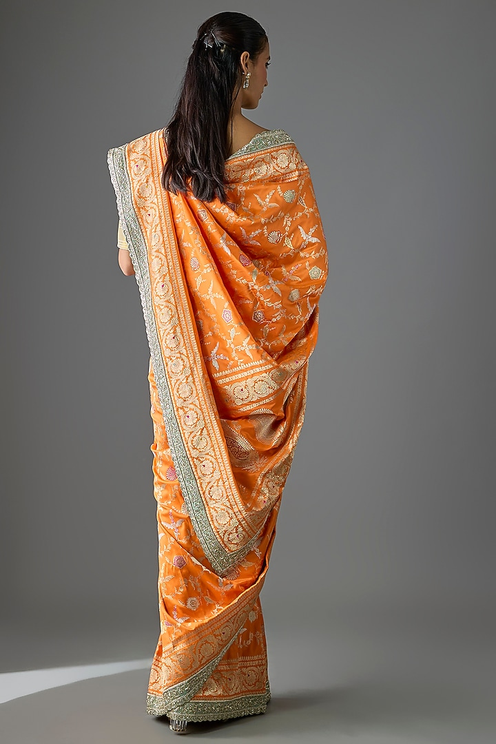 Orange Banarasi Silk Hand Embroidered Bridal Saree Set by Anushree Reddy at Pernia's Pop Up Shop