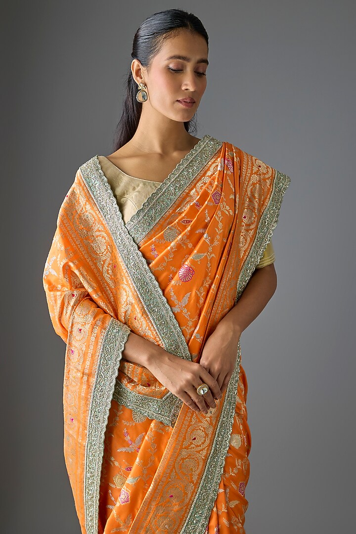 Orange Banarasi Silk Hand Embroidered Bridal Saree Set by Anushree Reddy at Pernia's Pop Up Shop