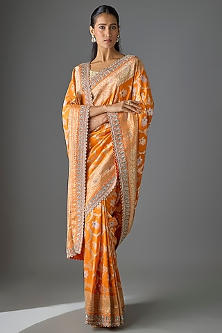 Orange Banarasi Silk Hand Embroidered Saree Set by Anushree Reddy