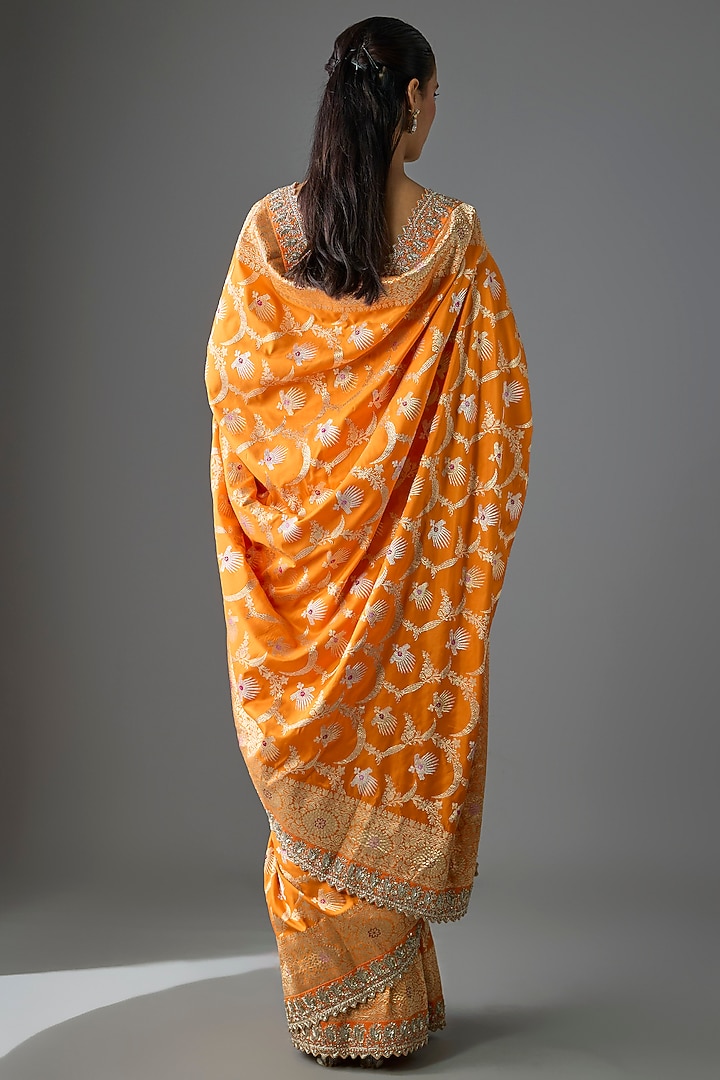 Orange Banarasi Silk Hand Embroidered Bridal Saree Set by Anushree Reddy at Pernia's Pop Up Shop
