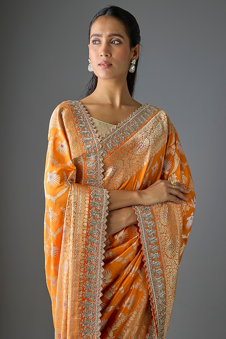 Orange Banarasi Silk Hand Embroidered Bridal Saree Set by Anushree Reddy at Pernia's Pop Up Shop