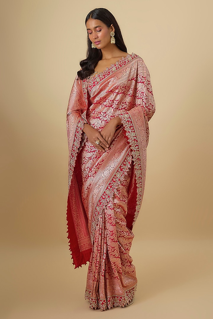 Red Silk Banarasi Hand Embroidered Bridal Saree Set by Anushree Reddy at Pernia's Pop Up Shop