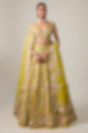 Yellow Organza Hand & Machine Embroidered Bridal Bridal Lehenga Set by Anushree Reddy at Pernia's Pop Up Shop