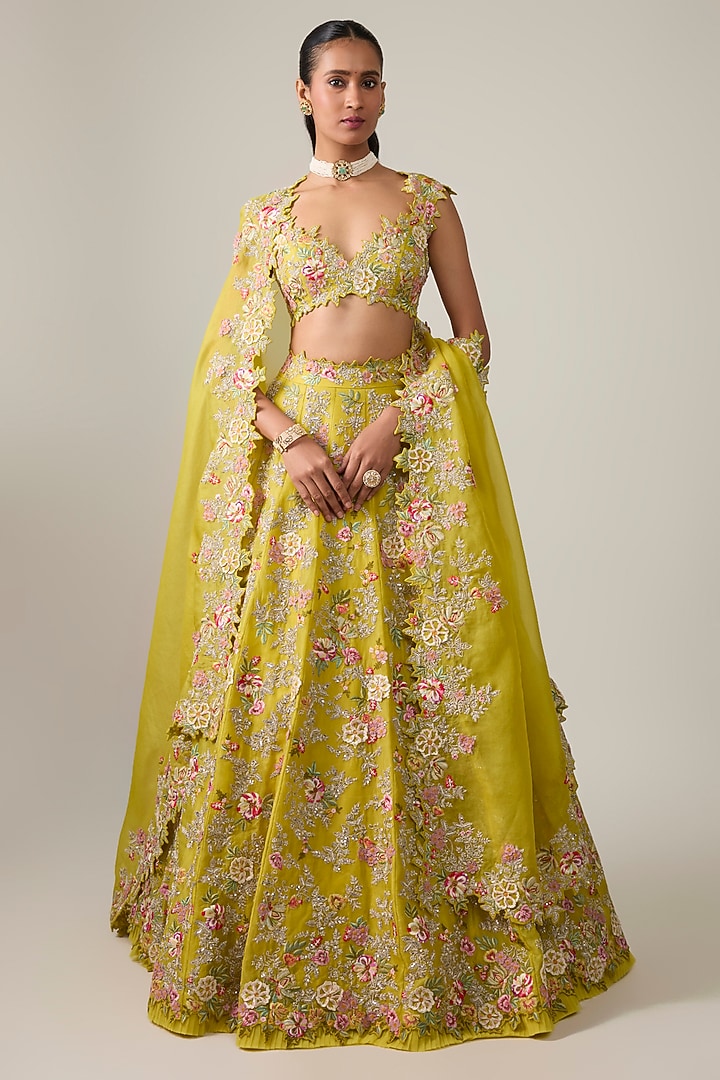 Yellow Organza Hand & Machine Embroidered Bridal Bridal Lehenga Set by Anushree Reddy at Pernia's Pop Up Shop