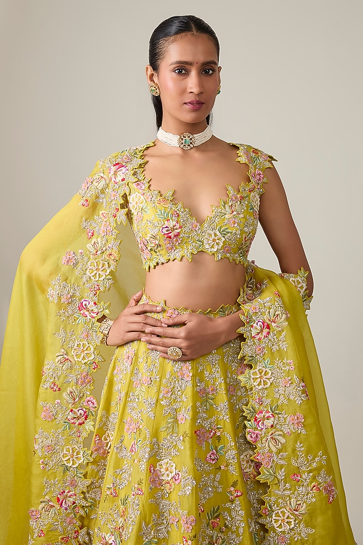Yellow Organza Hand & Machine Embroidered Bridal Bridal Lehenga Set by Anushree Reddy at Pernia's Pop Up Shop