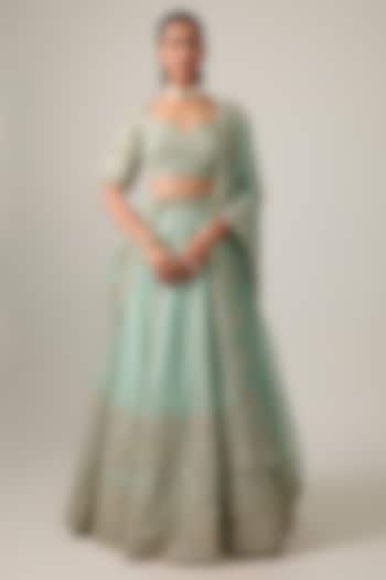 Sea Blue Organza Hand Embroidered Bridal Bridal Lehenga Set by Anushree Reddy at Pernia's Pop Up Shop