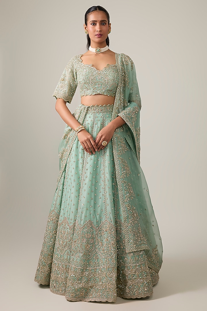 Sea Blue Organza Hand Embroidered Bridal Bridal Lehenga Set by Anushree Reddy at Pernia's Pop Up Shop