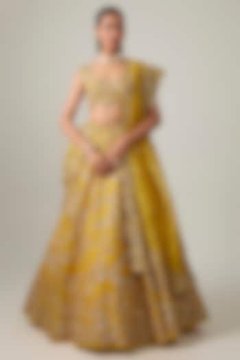 Mustard Organza Hand Embroidered Bridal Bridal Lehenga Set by Anushree Reddy at Pernia's Pop Up Shop