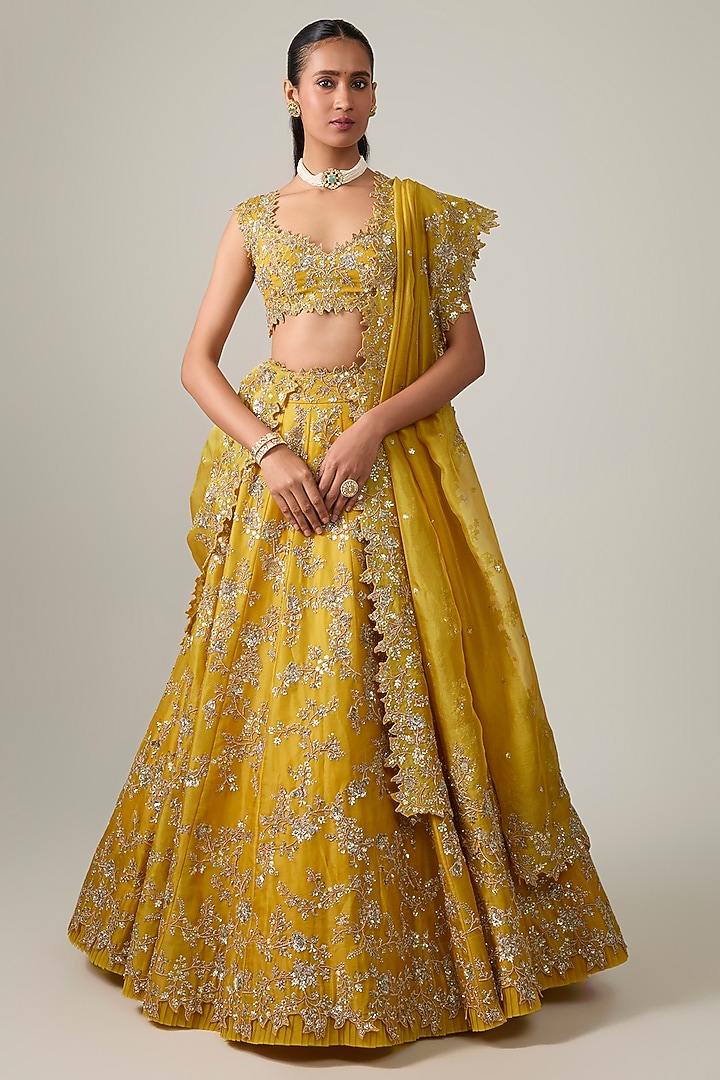 Mustard Organza Hand Embroidered Bridal Bridal Lehenga Set by Anushree Reddy at Pernia's Pop Up Shop