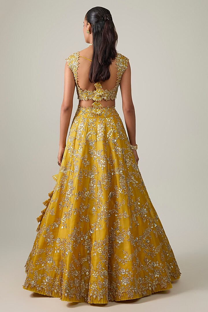 Mustard Organza Hand Embroidered Bridal Bridal Lehenga Set by Anushree Reddy at Pernia's Pop Up Shop