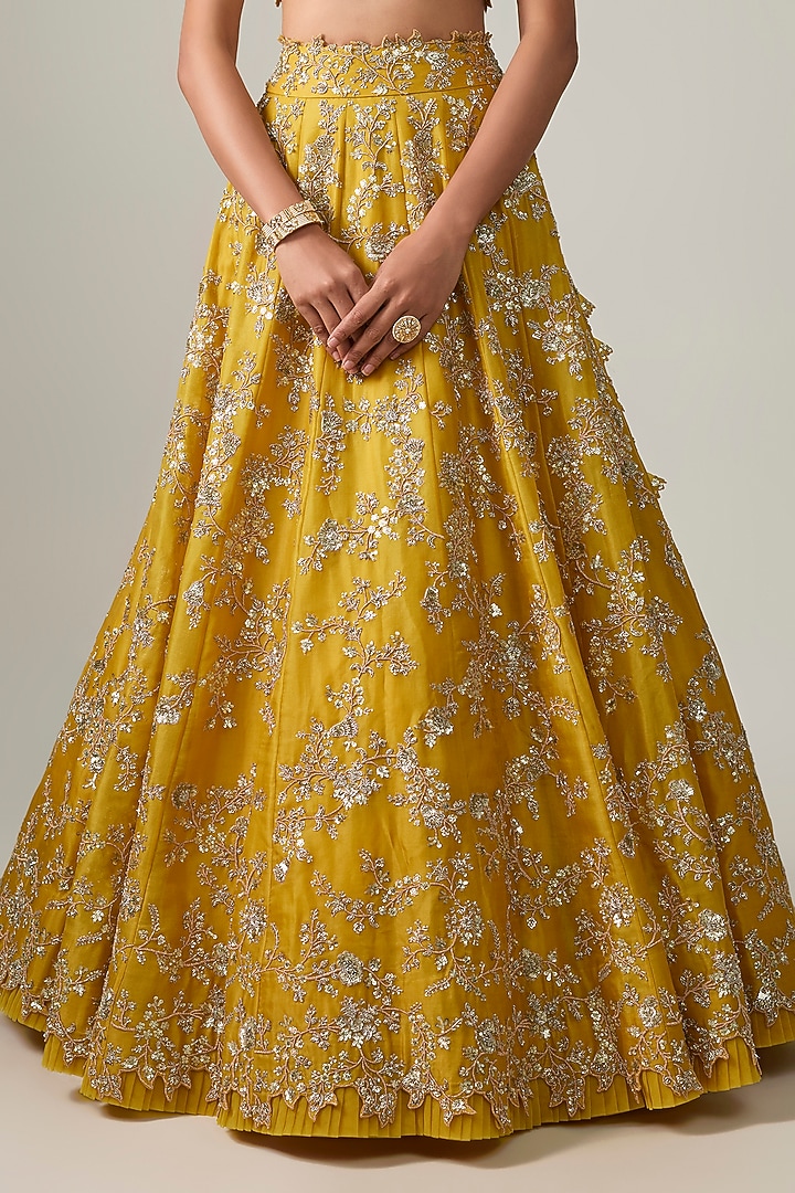 Mustard Organza Hand Embroidered Bridal Bridal Lehenga Set by Anushree Reddy at Pernia's Pop Up Shop