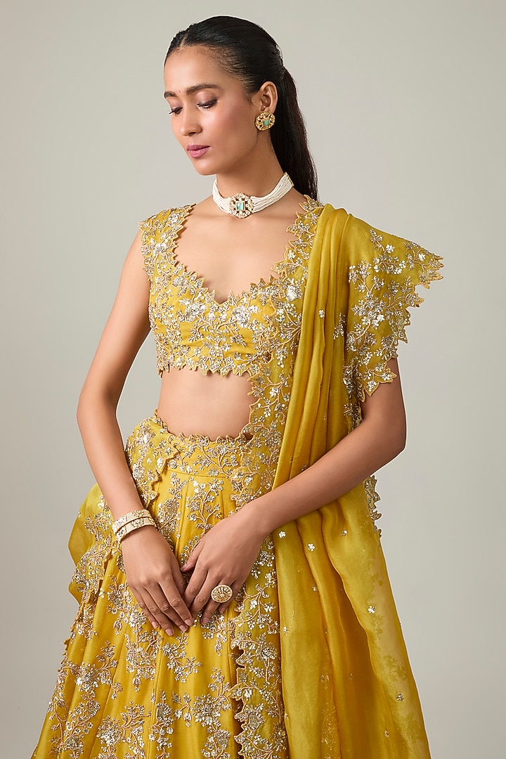 Mustard Organza Hand Embroidered Bridal Bridal Lehenga Set by Anushree Reddy at Pernia's Pop Up Shop