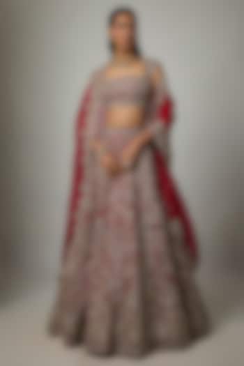 Red Raw Silk Zardosi Hand Embroidered Bridal Lehenga Set by Anushree Reddy at Pernia's Pop Up Shop