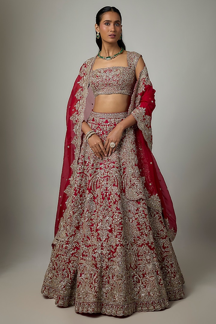Red Raw Silk Zardosi Hand Embroidered Bridal Lehenga Set by Anushree Reddy at Pernia's Pop Up Shop