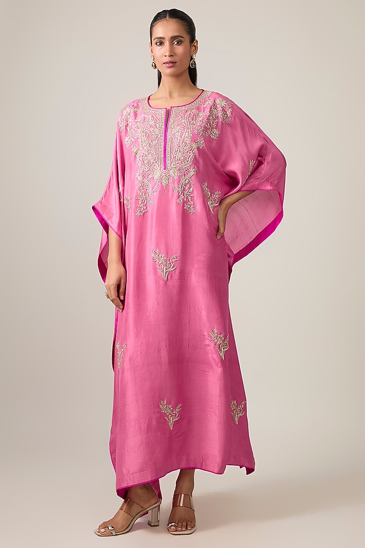Lotus Pink Dupion Silk Hand Embroidered Kaftan Set by Anushree Reddy at Pernia's Pop Up Shop