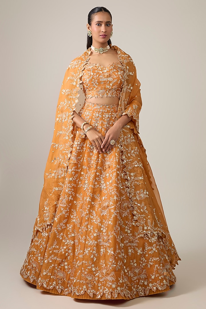 Orange Organza Thread & Pearl Embroidered Bridal Bridal Lehenga Set by Anushree Reddy at Pernia's Pop Up Shop