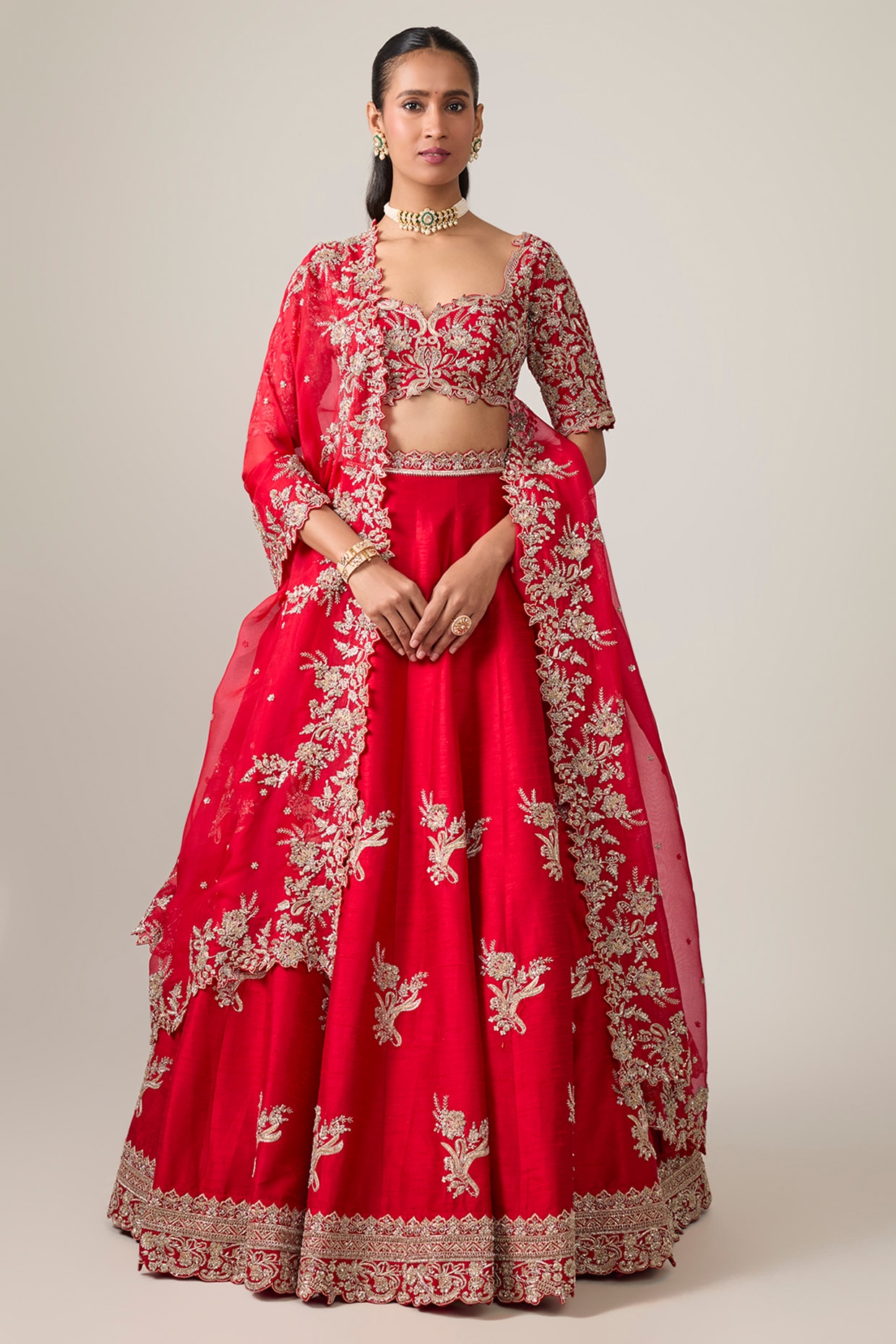 Anushree Reddy Red Raw Silk Hand Embroidered Bridal Lehenga Set