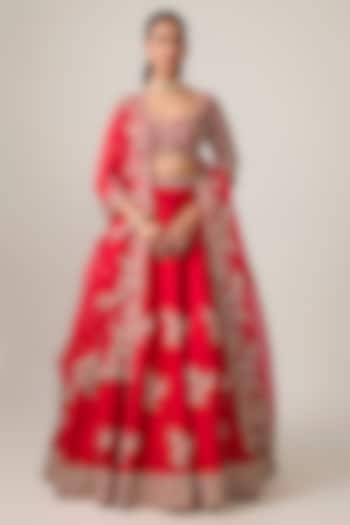 Red Raw Silk Hand Embroidered Bridal Bridal Lehenga Set by Anushree Reddy at Pernia's Pop Up Shop