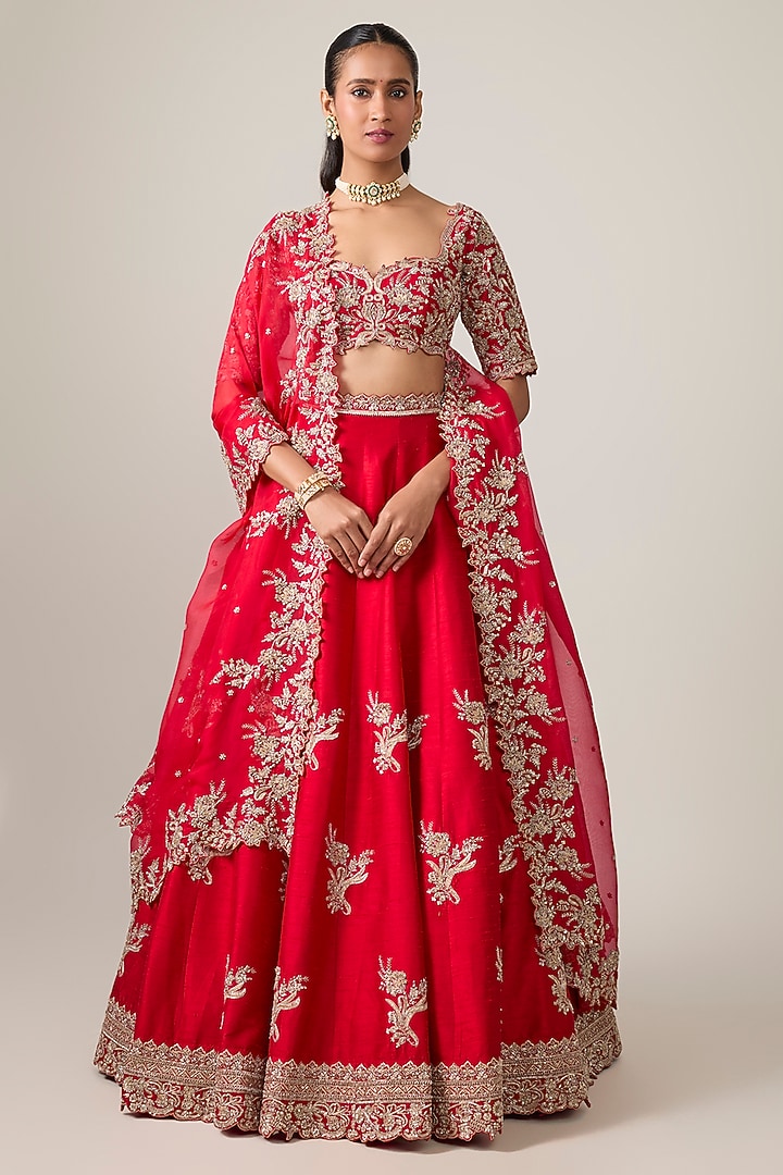 Red Raw Silk Hand Embroidered Bridal Bridal Lehenga Set by Anushree Reddy at Pernia's Pop Up Shop