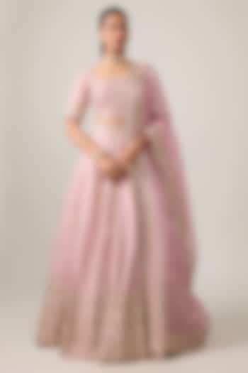 Pink Organza Hand Embroidered Bridal Bridal Lehenga Set by Anushree Reddy at Pernia's Pop Up Shop