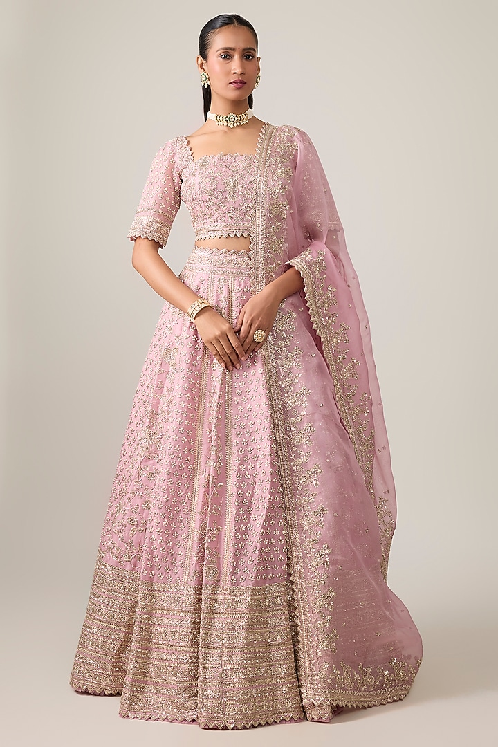 Pink Organza Hand Embroidered Bridal Bridal Lehenga Set by Anushree Reddy at Pernia's Pop Up Shop