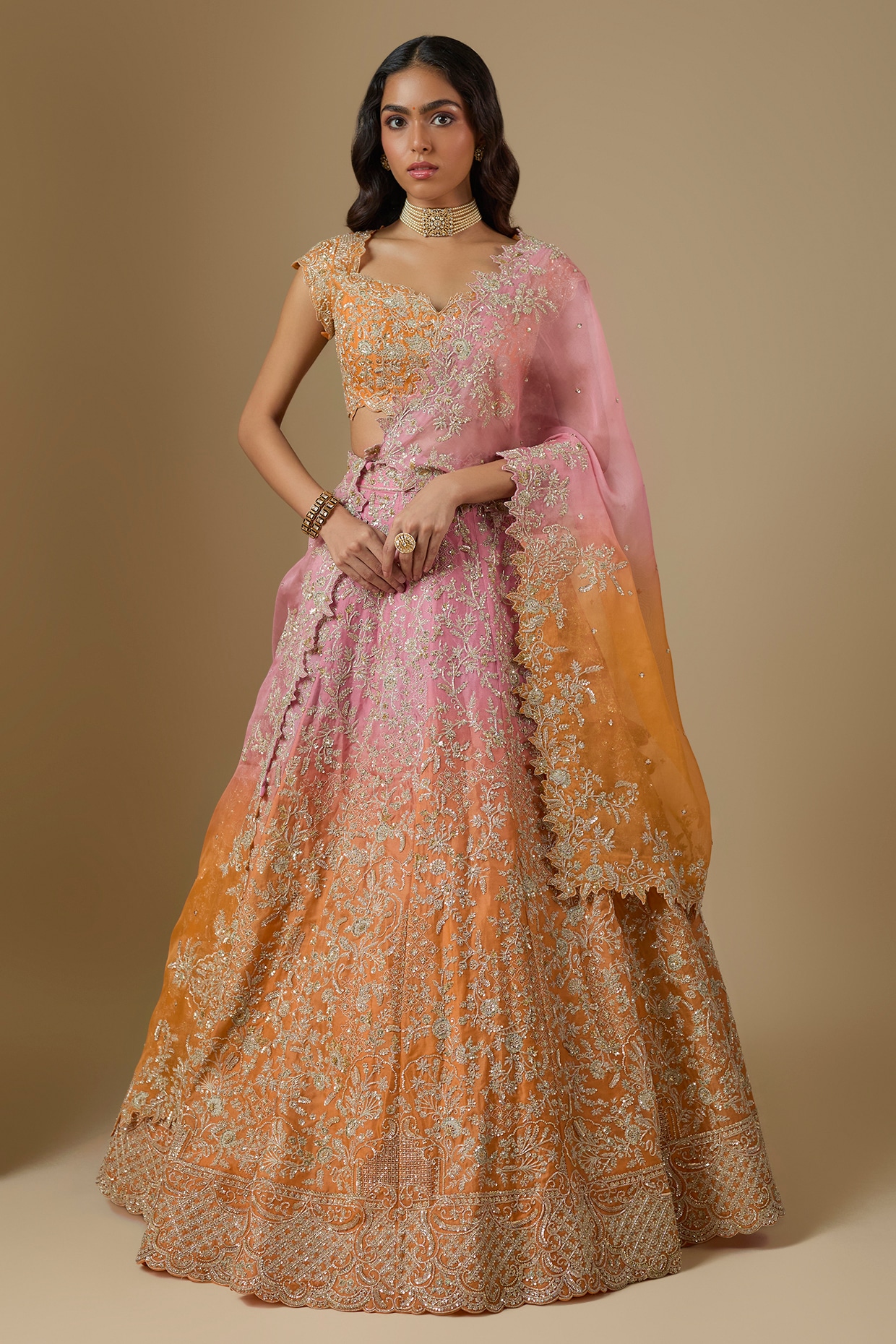 Anushree Reddy Orange & Pink Ombre Organza Hand Embroidered Bridal Lehenga Set