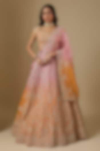 Orange & Pink Ombre Organza Hand Embroidered Bridal Bridal Lehenga Set by Anushree Reddy at Pernia's Pop Up Shop