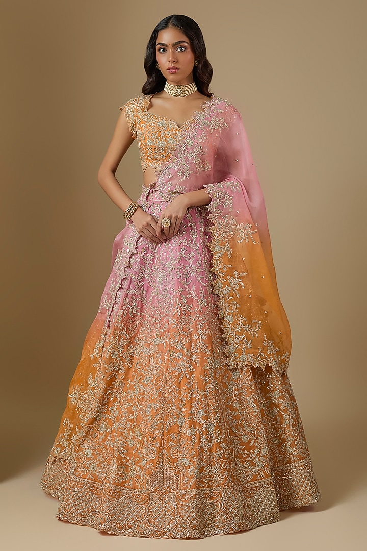 Orange & Pink Ombre Organza Hand Embroidered Bridal Bridal Lehenga Set by Anushree Reddy at Pernia's Pop Up Shop