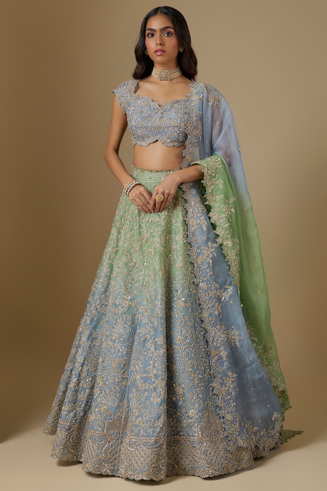 Anushree Reddy Blue & Green Ombre Organza Hand Embroidered Bridal Lehenga Set