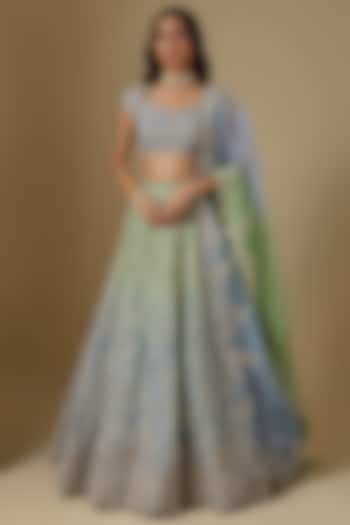 Blue & Green Ombre Organza Hand Embroidered Bridal Bridal Lehenga Set by Anushree Reddy at Pernia's Pop Up Shop