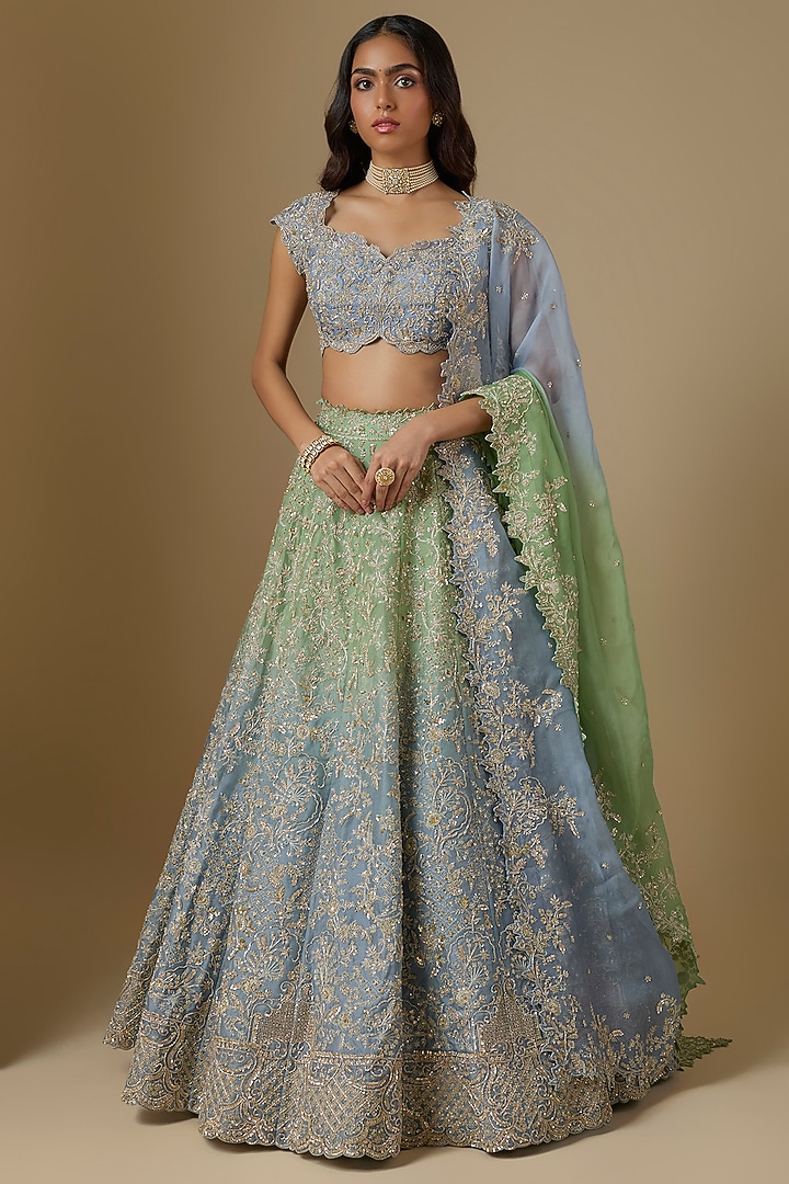 Blue & Green Ombre Organza Hand Embroidered Bridal Bridal Lehenga Set by Anushree Reddy at Pernia's Pop Up Shop