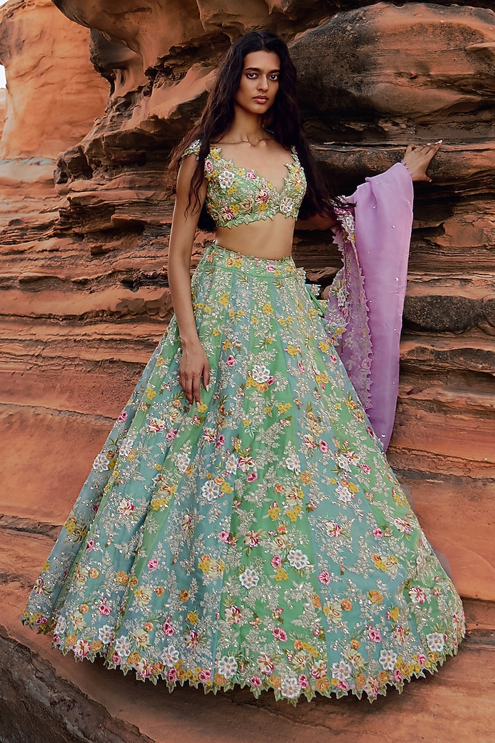 Green & Blue Organza Embroidered Bridal Lehenga Set by Anushree Reddy at Pernia's Pop Up Shop