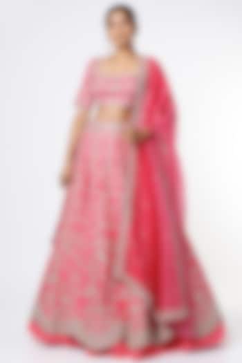 Pink Raw Silk Embroidered Lehenga Set by Anushree Reddy