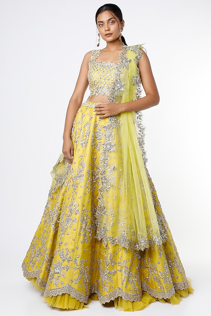 Yellow Raw Silk Lehenga Set by Anushree Reddy