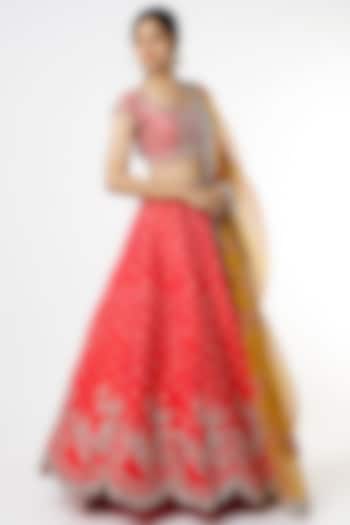 Red Scalloped Embroidered Lehenga Set by Anushree Reddy