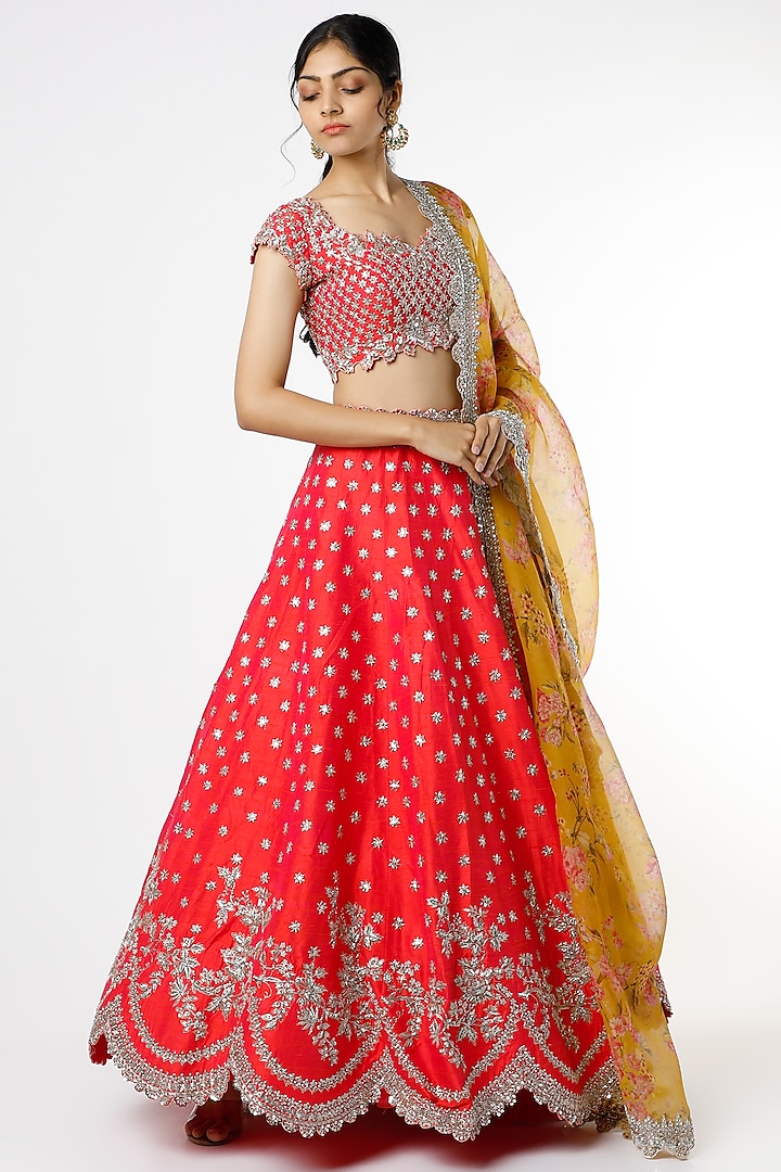 Red Scalloped Embroidered Lehenga Set by Anushree Reddy