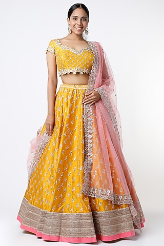 Mustard Raw Silk Lehenga Set by Anushree Reddy