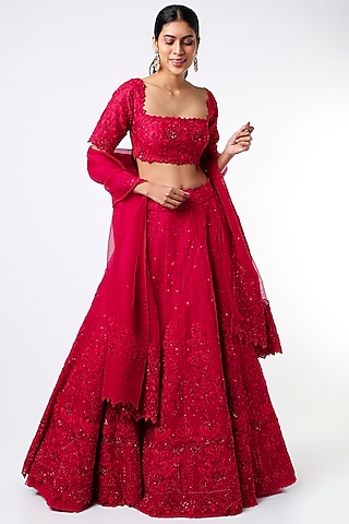 Red Organza Lehenga Set by Anushree Reddy