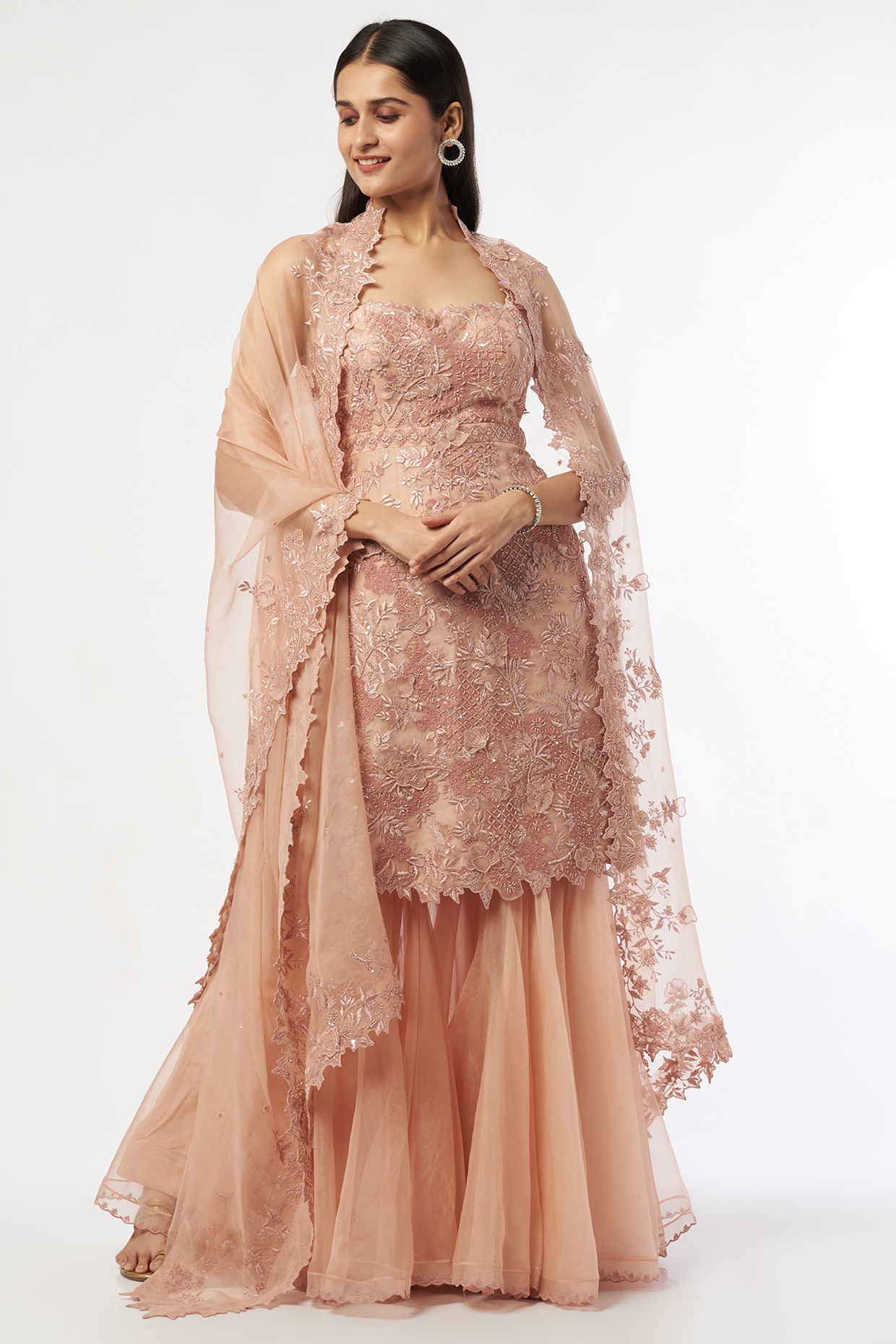 Nude Organza & Crepe Sharara Set