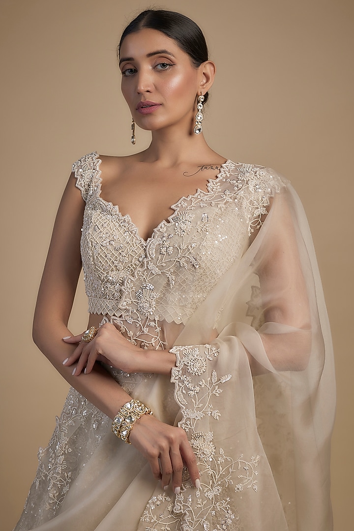 Ivory Organza Pearl & Cutdana Embroidered Bridal Lehenga Set by Anushree Reddy at Pernia's Pop Up Shop